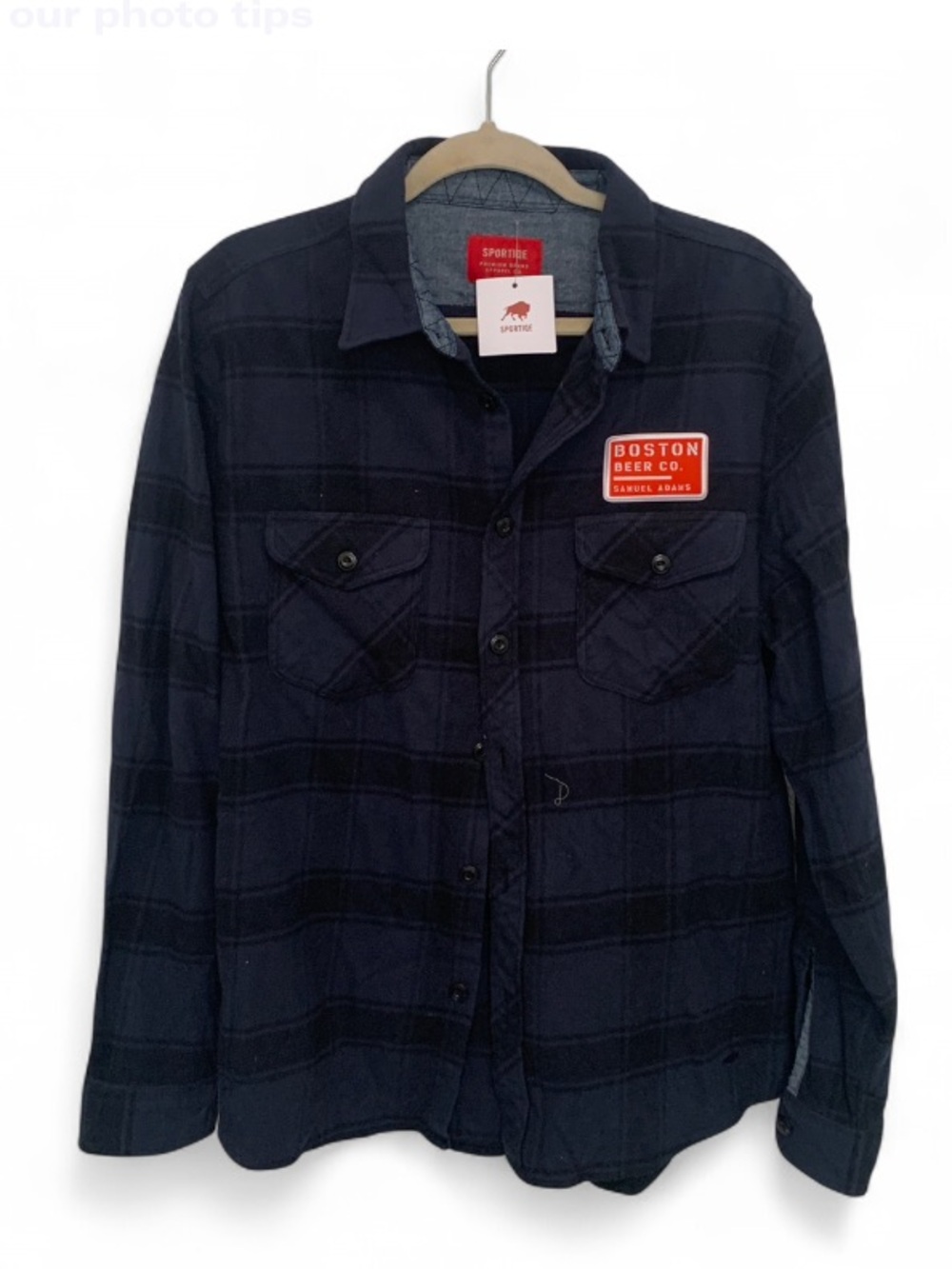 NWT Sportiqe Sam Adams Blue Black Plaid Long Sleeve Button Down Shirt